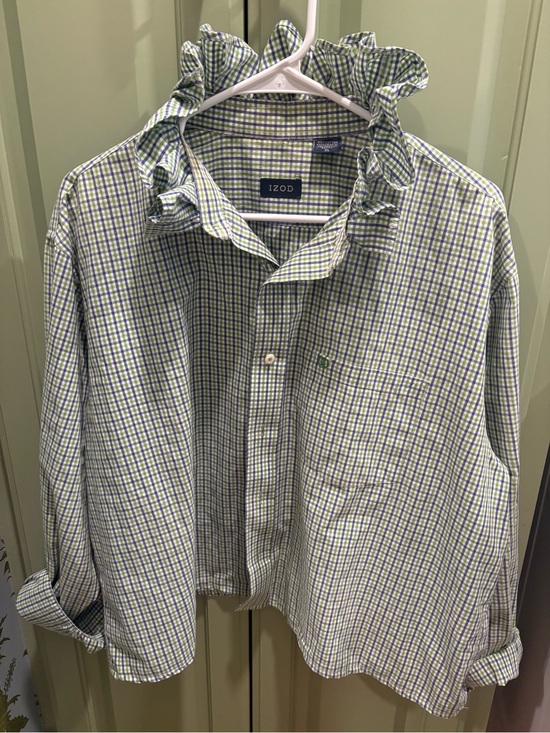 Izod Tops - Women’s Izod Green and Blue Ruffle Collar Check Shirt-upcylced button up